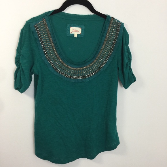 Deletta Teal Beaded Neck Short Sleeve Blouse Top - Picture 8 of 8